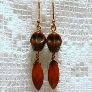 Handmade Brown Howlite Skulls & Faceted Jasper Gemstone Dangle Earrings